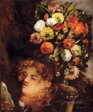  Flor Arte - Cabeza de mujer con flores Realista pintor Gustave Courbet